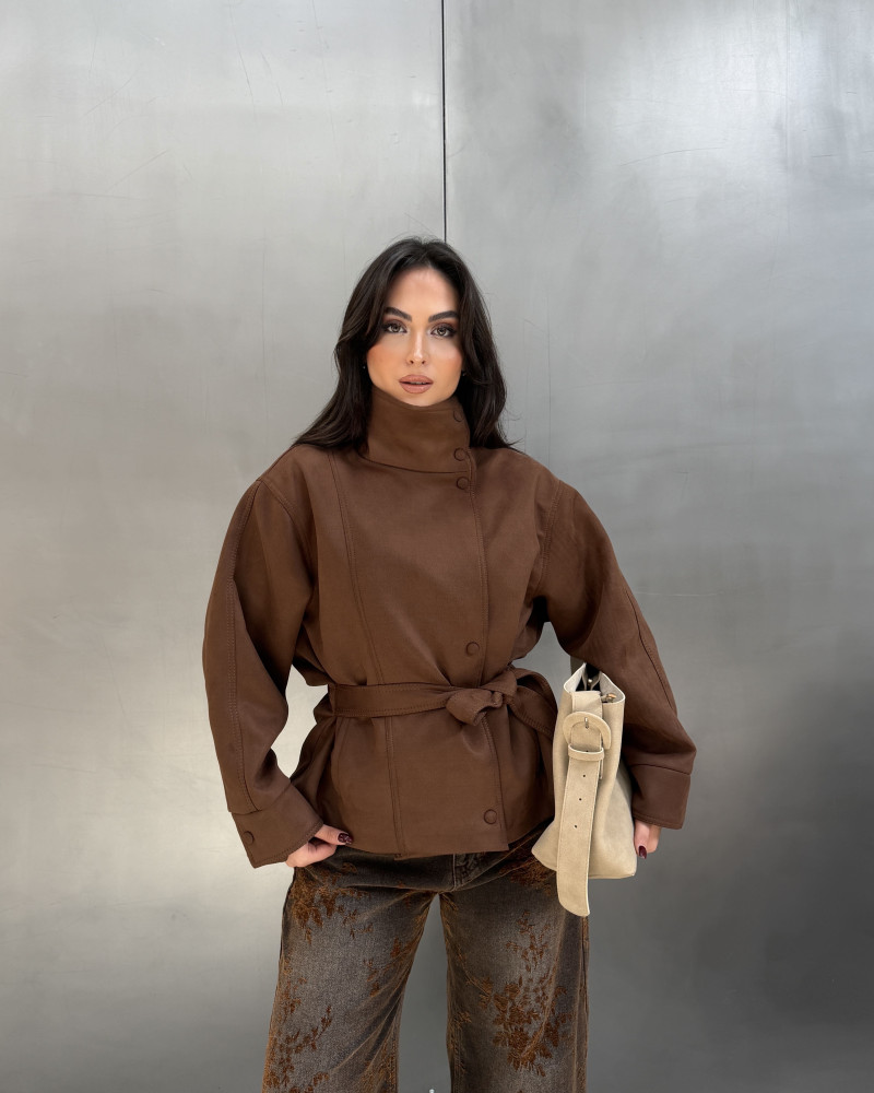DİK YAKA ÇIT ÇIT KAPAMALI ASTARLI SÜET CEKET-SÜTLÜ KAHVE