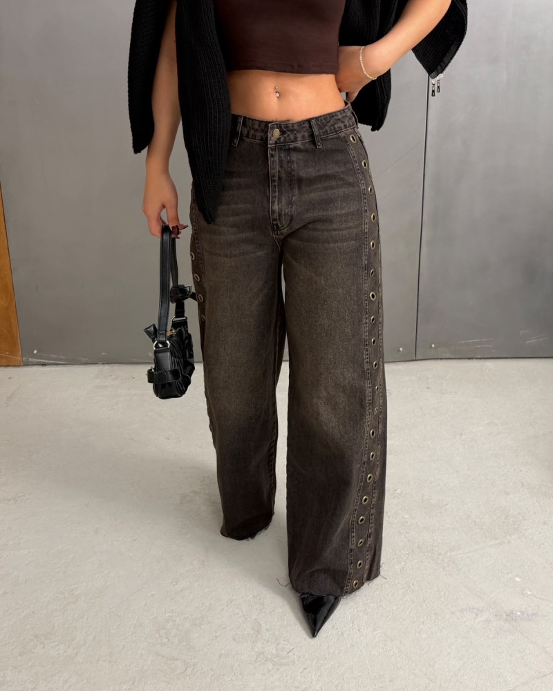 KUSGÖZÜ ZIMBA DETAYLI ITHAL DENIM-KAHVERENGI