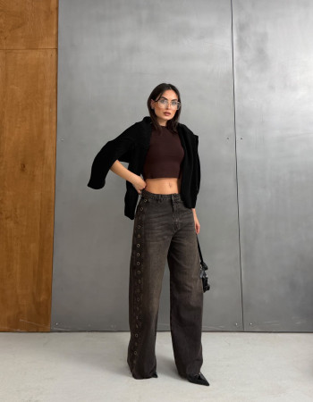 KUSGÖZÜ ZIMBA DETAYLI ITHAL DENIM-KAHVERENGI