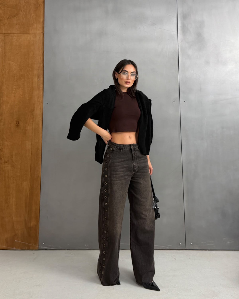 KUSGÖZÜ ZIMBA DETAYLI ITHAL DENIM-KAHVERENGI